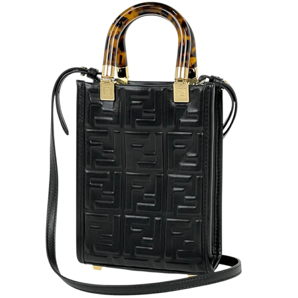 Fendi Sunshine Shopper Handbag Demi Shoulder Bag Leather Black